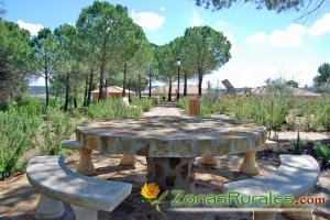 Mesas y sillas de piedra en el recinto de Casas Rurales El Pinar